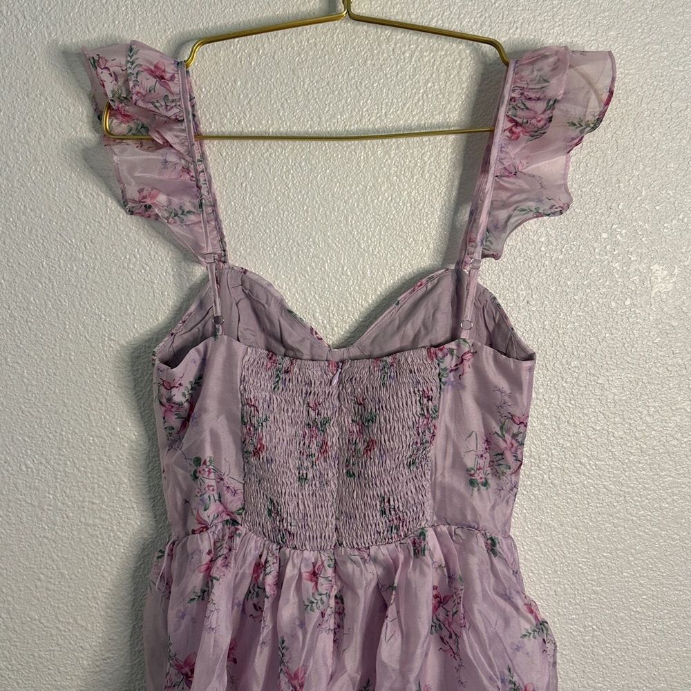 NWT-Lulus- Sweetest Emotion Lilac Floral Ruffled Tiered Bustier Midi Dress-small - Picture 11 of 16